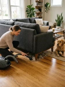 Dog hair buildup hidden underneath large furniture