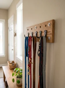Securely mounted DIY dog leash holder with sturdy hooks and hardware in an entryway.