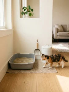 Properly sized litter box prepared in a quiet location for a kitten