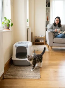 Kitten learning to use a clean litter box in its new home