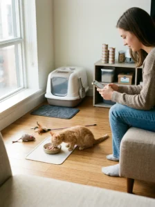 Owner monitoring a new kitten's eating, litter use and behavior during the first month
