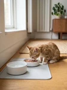 Kitten eating from a food bowl with fresh water during its first month