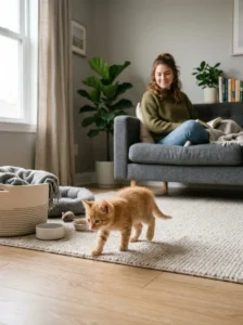 Kitten adjusting to a new home during its important first month