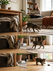 Kitten progressing through different stages of adjustment in a new home