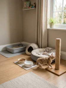 Prepared starter room with litter box, food bowls and scratching post for a new cat
