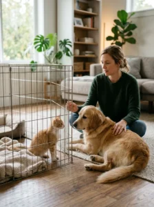Careful supervised introduction between a new kitten and another household pet