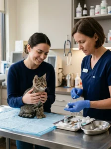 Kitten receiving core vaccinations at a veterinary clinic