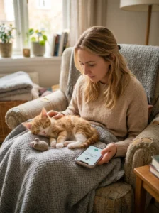 Owner monitoring a kitten for normal or concerning reactions after vaccination