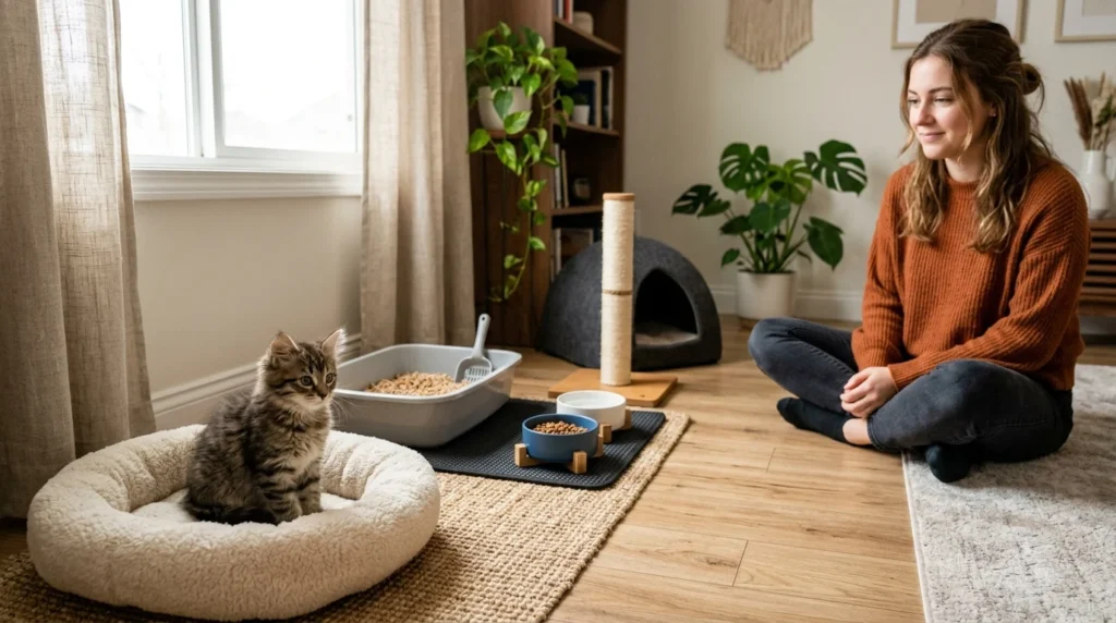 New kitten settling into a prepared starter room during its first month at home