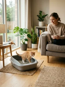 Relaxed kitten successfully using its litter box after patient training