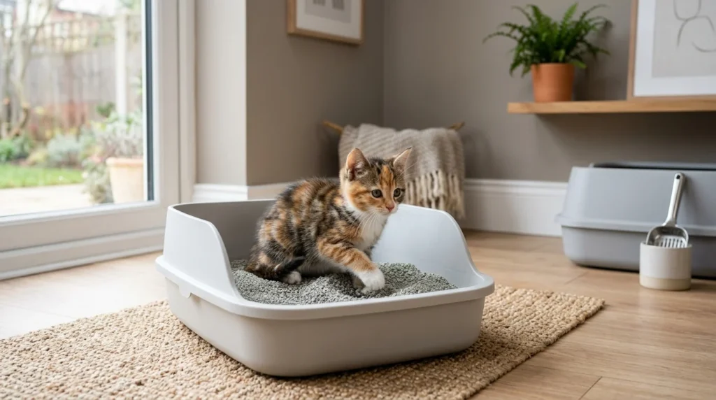 Kitten learning to use a clean litter box in a quiet home