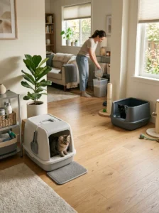 Multiple kittens using separate litter boxes in a shared home