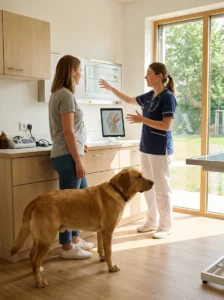 Veterinarian discussing breed-related joint health risks in a dog