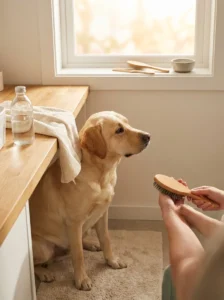 Gentle grooming routine for a dog with mild dry skin