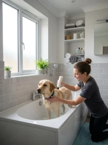 Dog receiving a gentle bath with dog-safe shampoo at home