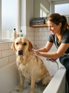 Dog receiving a careful bath with proper bathing technique
