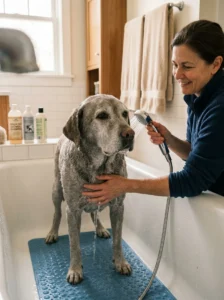 Senior dog receiving a gentle bath with extra support