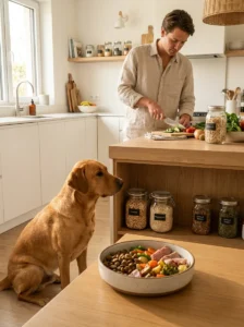 Dog eating a carefully planned diet for healthy skin