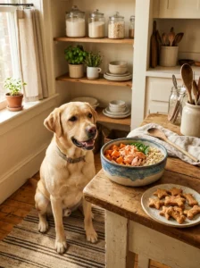Homemade salmon meal ready to serve to a dog