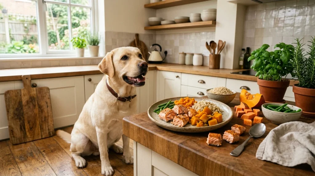 Homemade salmon dog food recipes prepared for a Labrador