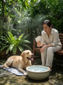 Dog resting in shade during hot and humid weather