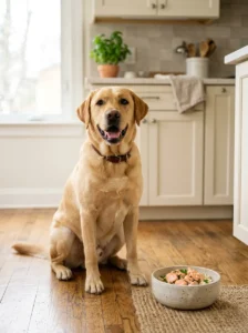 Dog enjoying cooked salmon as part of a homemade meal
