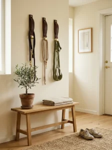 Minimalist leather strap DIY dog leash holder in neutral entryway
