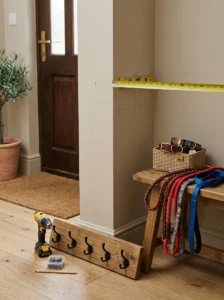 Measuring wall space before installing a DIY dog leash holder near an entryway door.