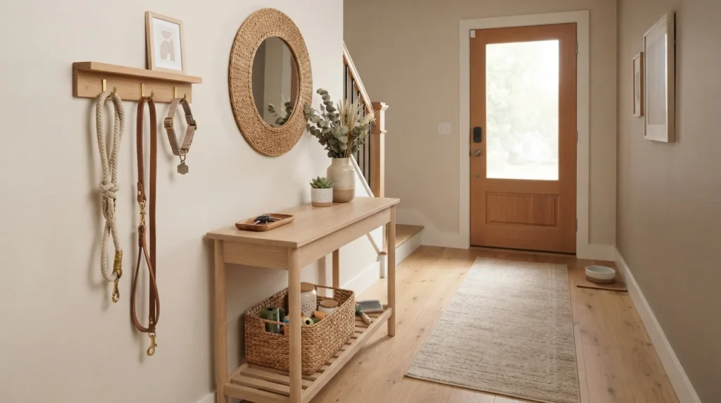 DIY dog leash holders organized in a stylish entryway with wooden hooks and dog walking accessories.