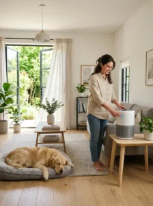 Air purifier and open windows helping improve air quality in a dog home