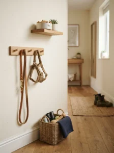 Organized dog-friendly hallway with leash hooks and storage basket