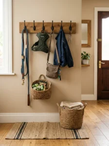 Organized dog walking station with leash holder, harness, basket, and entryway essentials.