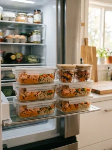 Cooked salmon dog food stored in airtight containers