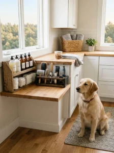 Durable dog grooming tools and consumable grooming supplies organized separately