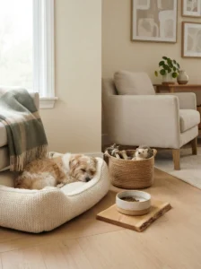 Simple neutral dog supplies setup for an organized home
