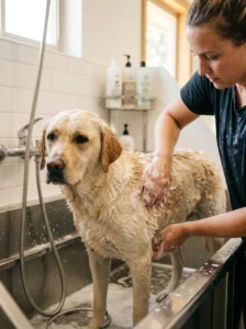 Owner thoroughly bathing hard-to-reach areas of a dog's coat