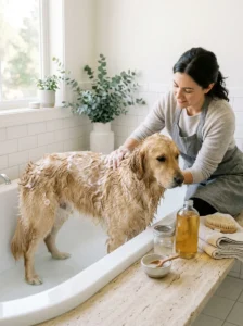 Gentle castile soap homemade shampoo being applied to a dog