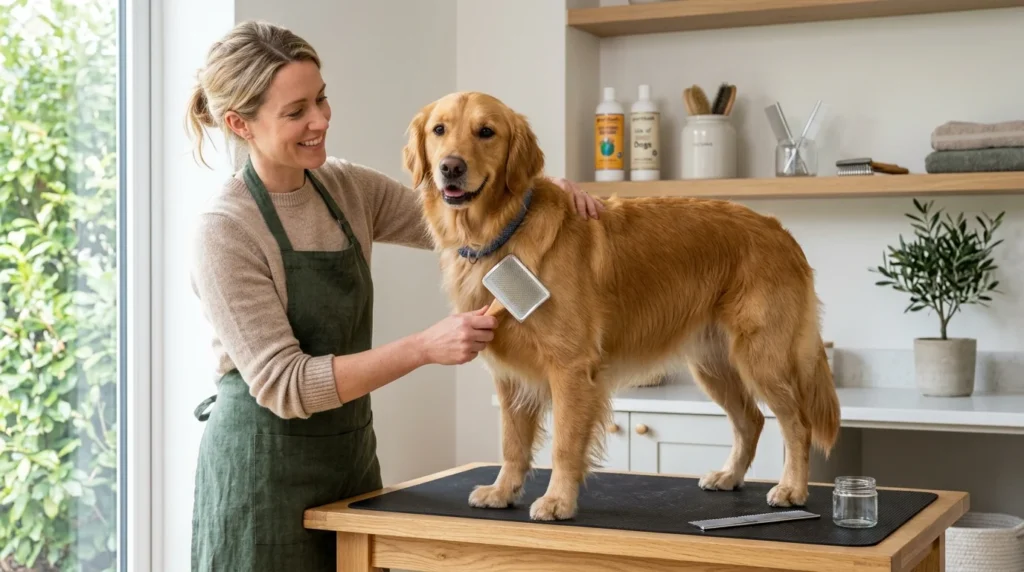 Owner brushing a dog during a home grooming routine