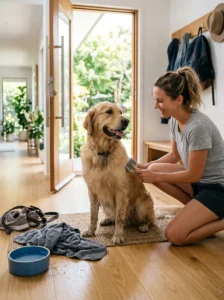 Dog receiving grooming after increased seasonal outdoor activity