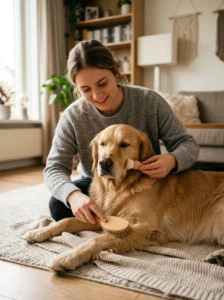 Dog receiving gentle brushing around sensitive face and leg areas