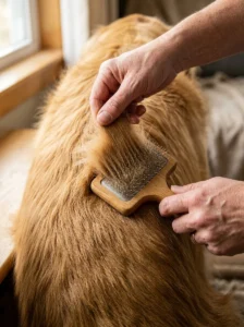 Owner holding a dog brush at the correct angle while grooming