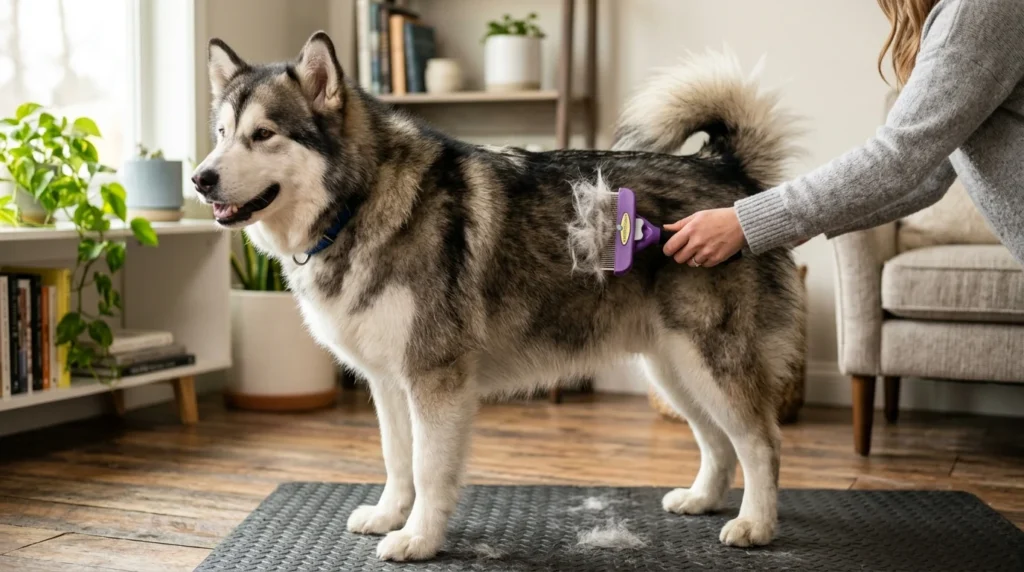 Dog being brushed to remove loose fur during seasonal shedding