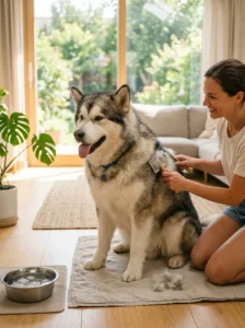 Double-coated dog being brushed during summer grooming
