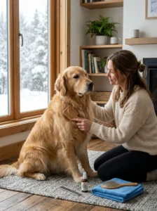 Dog receiving winter grooming while maintaining its natural coat