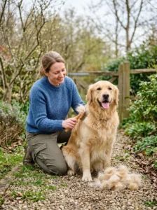 Owner brushing dog before peak seasonal shedding begins