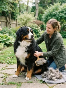 Owner brushing loose fur from a dog to reduce household hair