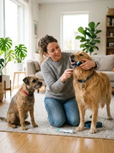 Owner managing tooth brushing routines for two dogs with different comfort levels