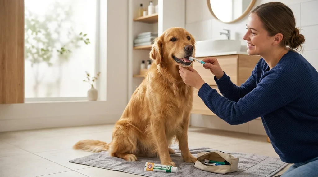 Dog calmly learning to tolerate tooth brushing with a dog toothbrush
