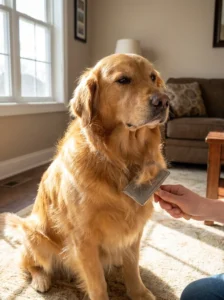 Owner brushing a Golden Retriever as part of regular home grooming