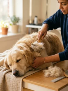 Dog being regularly brushed to remove loose shedding fur